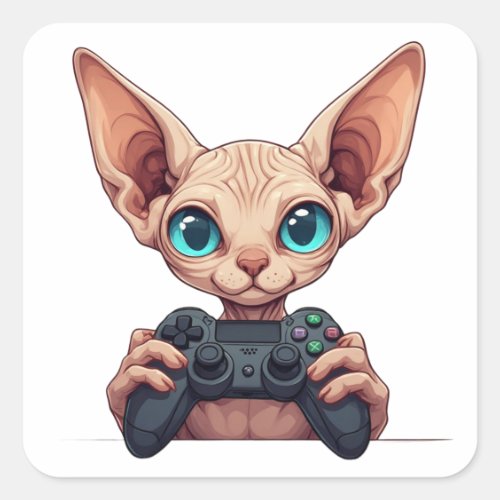 Sphynx Cat Holding Game Controller Square Sticker