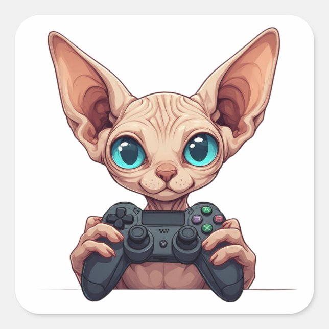 Sphynx Cat Holding Game Controller Square Sticker (Front)