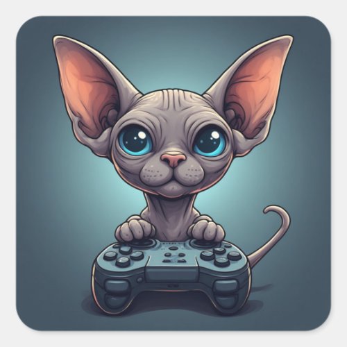 Sphynx Cat Holding Game Controller Square Sticker
