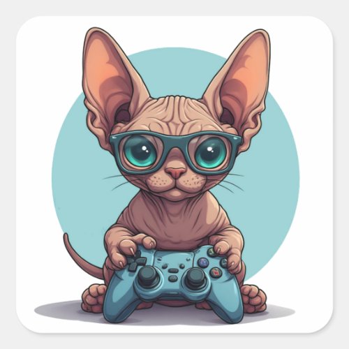 Sphynx Cat Holding Game Controller Square Sticker