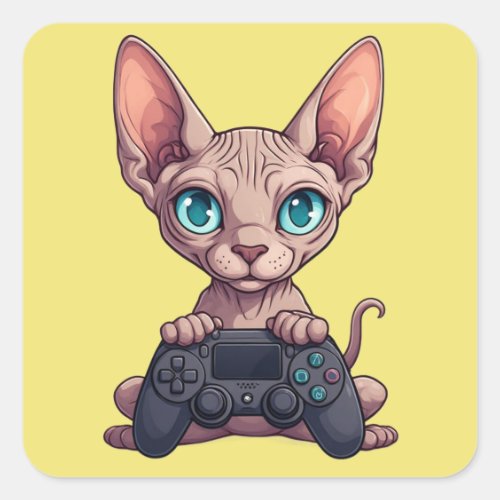 Sphynx Cat Holding Game Controller Square Sticker