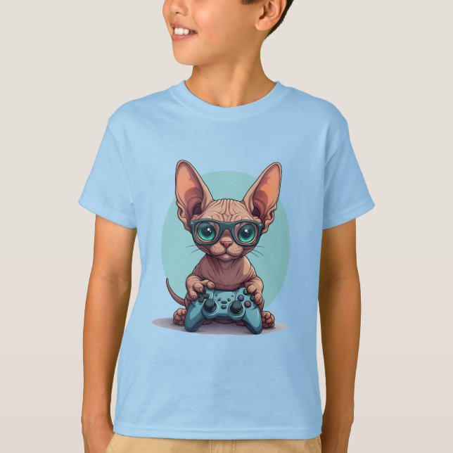 Sphynx Cat Holding Game Controller T-Shirt (Front)