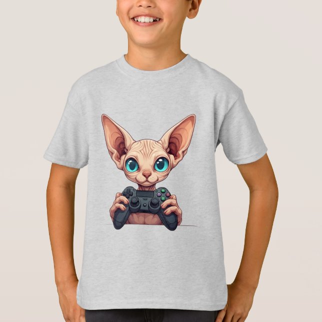 Sphynx Cat Holding Game Controller T-Shirt (Front)