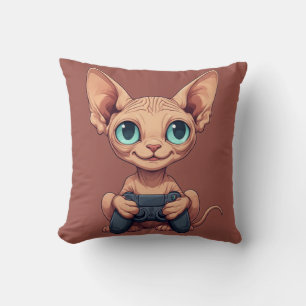 Sphynx Cat Holding Game Controller Throw Pillow