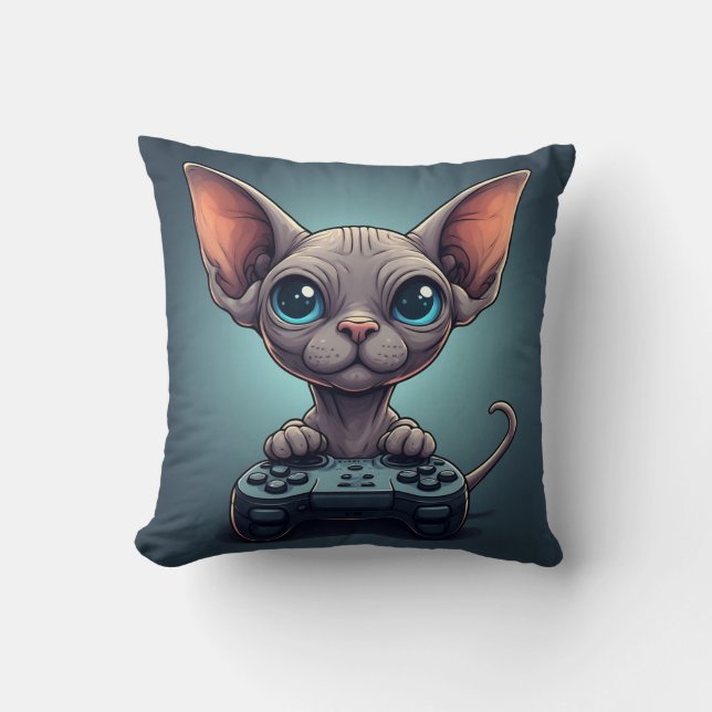 Sphynx Cat Holding Game Controller Throw Pillow (Front)