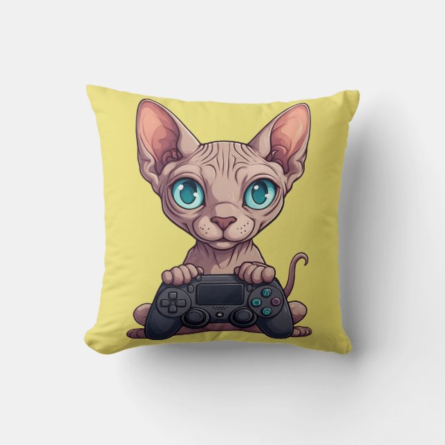 Sphynx Cat Holding Game Controller Throw Pillow (Front)