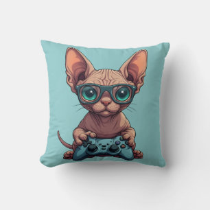 Sphynx Cat Holding Game Controller Throw Pillow