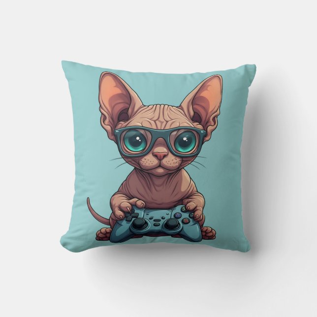 Sphynx Cat Holding Game Controller Throw Pillow (Front)