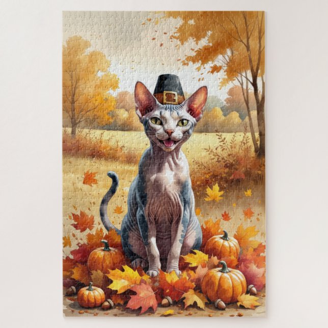 Sphynx Cat  In Autumn Leaves Thanksgiving Art Jigsaw Puzzle (Vertical)