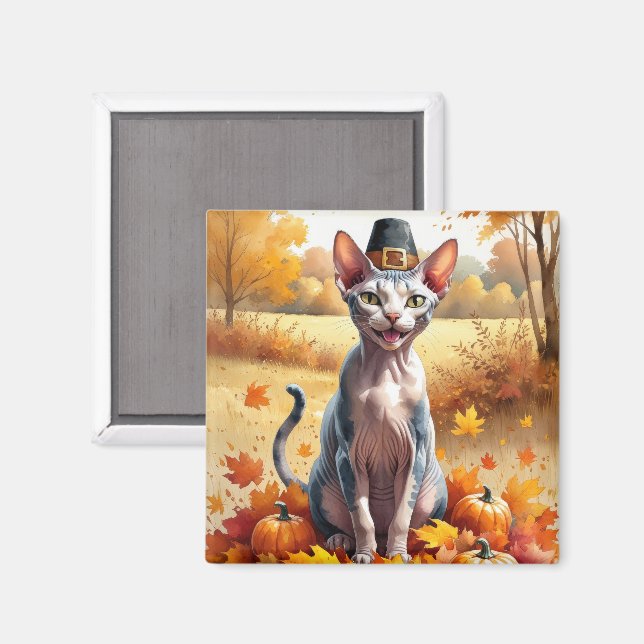 Sphynx Cat  In Autumn Leaves Thanksgiving Art Magnet (Front/Back)