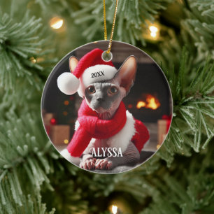 Sphynx Cat in Santa Hat Christmas Ceramic Ornament