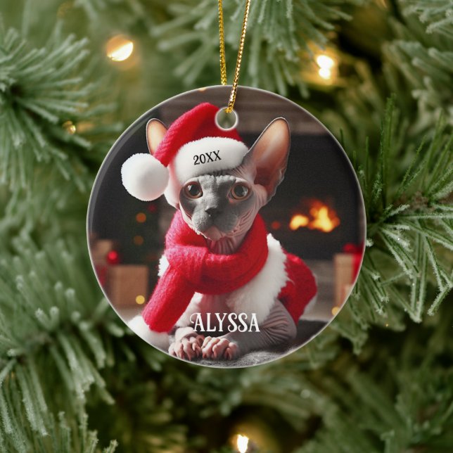 Sphynx Cat in Santa Hat Christmas Ceramic Ornament (Tree)