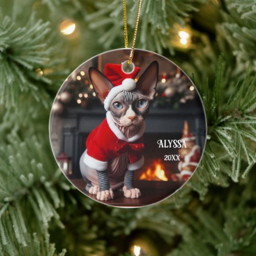 Sphynx Cat in Santa Hat Christmas Ceramic Ornament