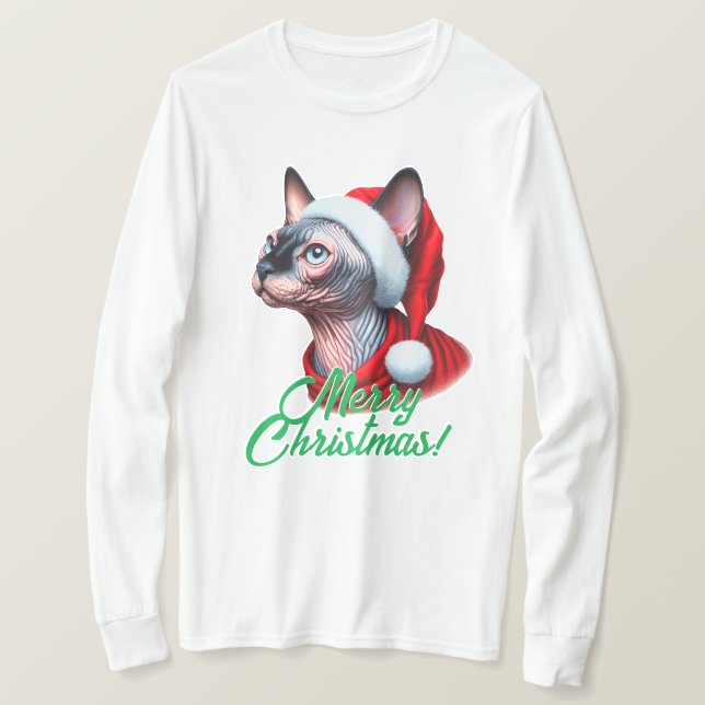 Sphynx Cat in Santa Hat Christmas T-Shirt (Design Front)