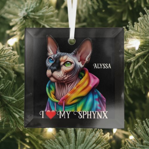 Sphynx Cat Love Black Glass Ornament