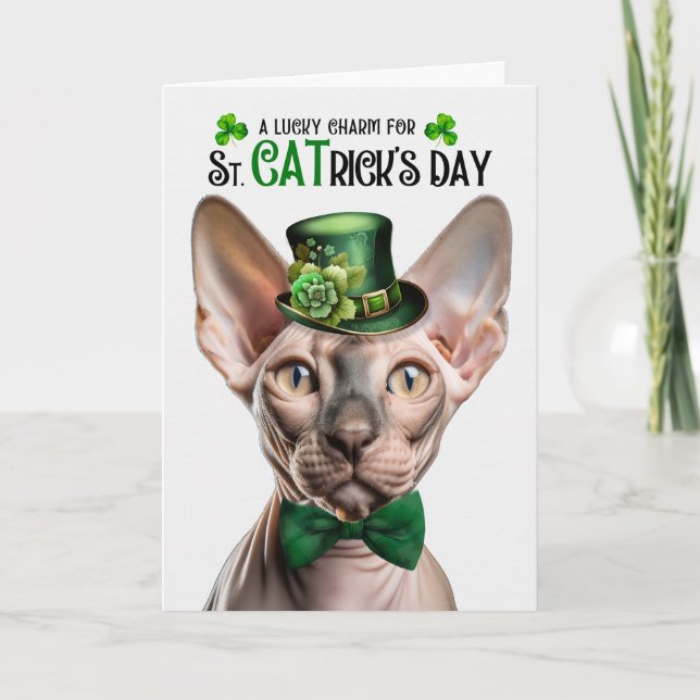 Sphynx Cat Lucky Charm St CATrick's Day Holiday Card (Front)