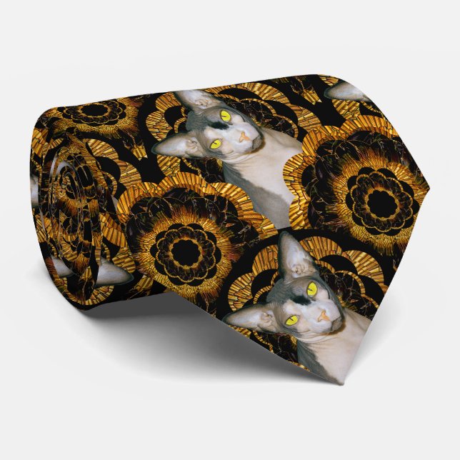 Sphynx Cat Ninja Black and Gold Retro Style Neck Tie (Rolled)