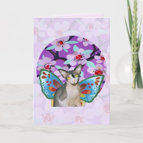 Sphynx Cat Ninja Fairy Wings Purple Flower Circle Card