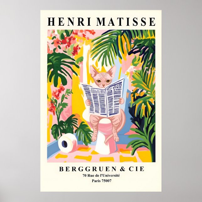 Sphynx Cat on Toilet Wall Art Funny Matisse Style (Front)