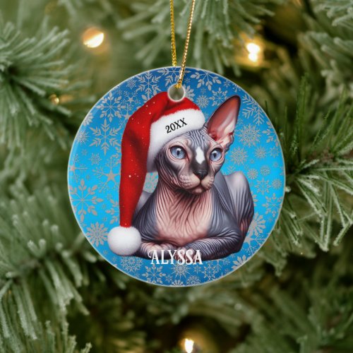 Sphynx Cat Pretty Blue Christmas Ceramic Ornament