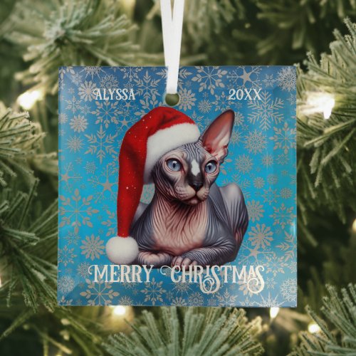 Sphynx Cat Pretty Blue Christmas Glass Ornament