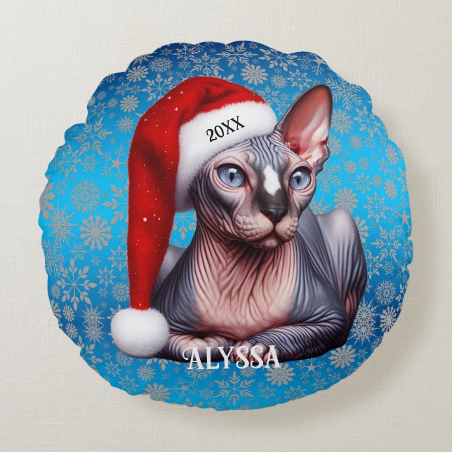 Sphynx Cat Pretty Blue Christmas Round Pillow (Front)