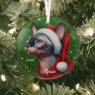 Sphynx Cat Pretty Green Christmas Glass Ornament