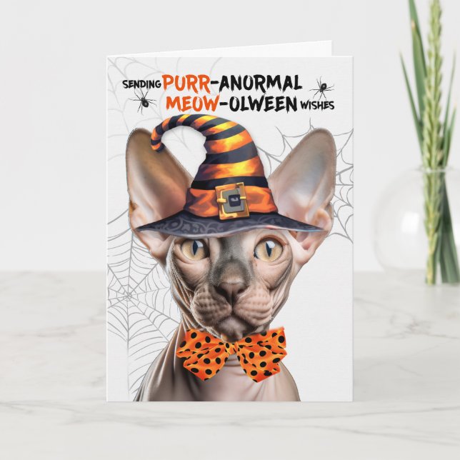 Sphynx Cat PURRanormal MEOWolween Holiday Card (Front)