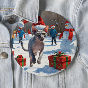 Sphynx Cat Running in Snow with Christmas Hat Button