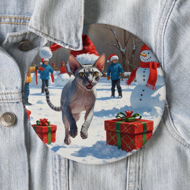 Sphynx Cat Running in Snow with Christmas Hat Button (In Situ)