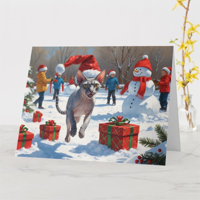 Sphynx Cat Running in Snow with Christmas Hat Card (Yellow Flower)