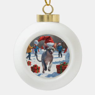 Sphynx Cat Running in Snow with Christmas Hat Ceramic Ball Christmas Ornament