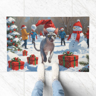 Sphynx Cat Running in Snow with Christmas Hat Doormat