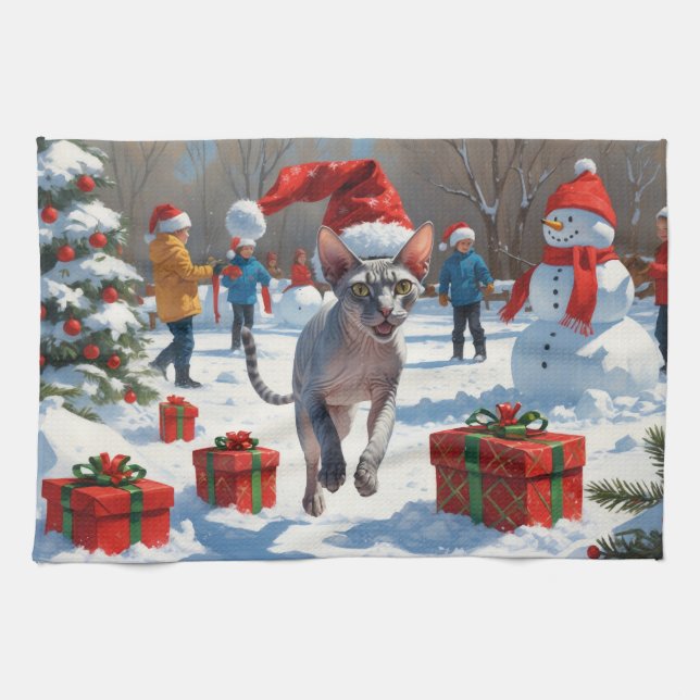 Sphynx Cat Running in Snow with Christmas Hat Kitchen Towel (Horizontal)