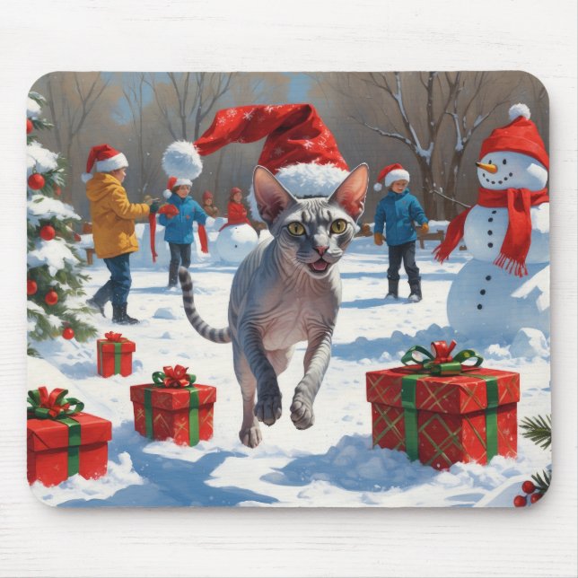 Sphynx Cat Running in Snow with Christmas Hat Mouse Pad (Front)