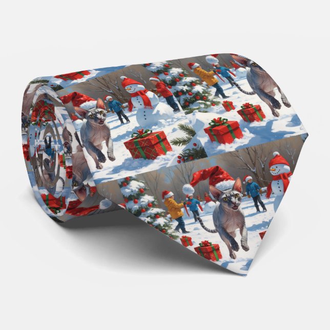 Sphynx Cat Running in Snow with Christmas Hat Neck Tie (Rolled)
