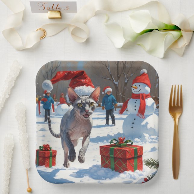 Sphynx Cat Running in Snow with Christmas Hat Paper Plates (Wedding)