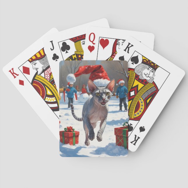 Sphynx Cat Running in Snow with Christmas Hat Poker Cards (Back)