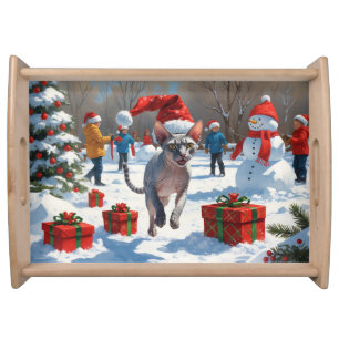 Sphynx Cat Running in Snow with Christmas Hat Serving Tray