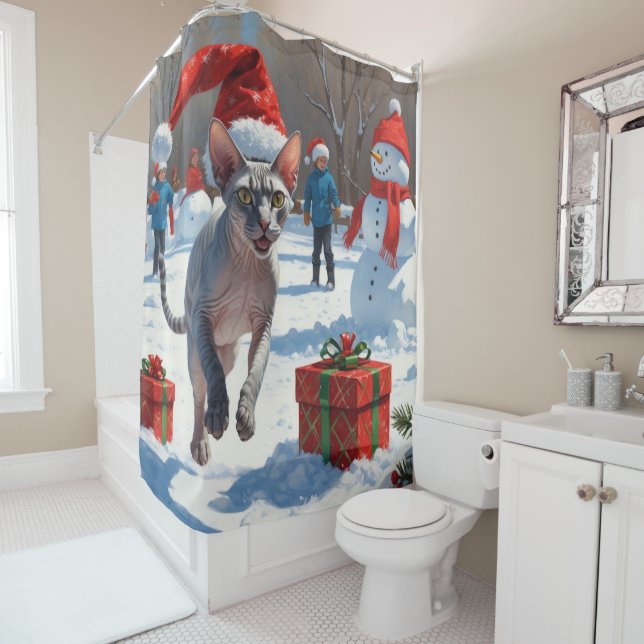Sphynx Cat Running in Snow with Christmas Hat Shower Curtain (In Situ)