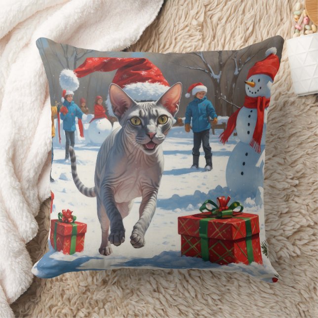Sphynx Cat Running in Snow with Christmas Hat Throw Pillow (Blanket)