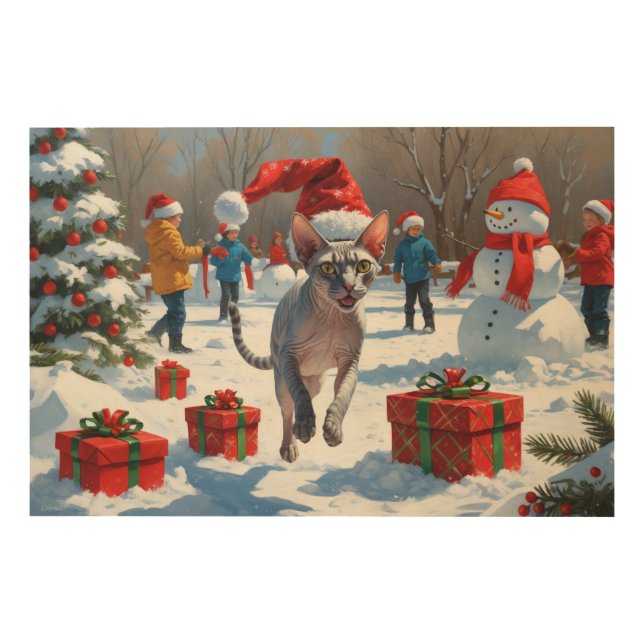 Sphynx Cat Running in Snow with Christmas Hat Wood Wall Art (Front)
