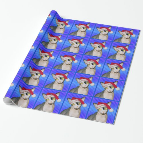 Sphynx Cat Santa Blue Christmas Wrapping Paper