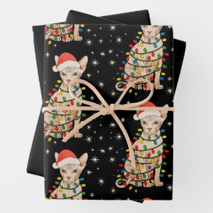 Sphynx Cat Santa Hat Christmas Lights Xmas Holiday Wrapping Paper Sheets