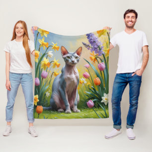 Sphynx Cat Spring Flowers Painting Fleece Blanket