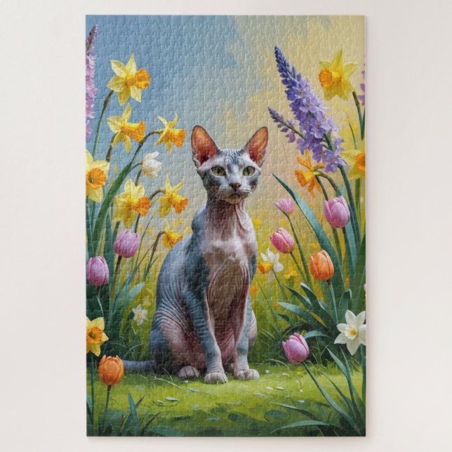 Sphynx Cat Spring Flowers Painting Jigsaw Puzzle (Vertical)