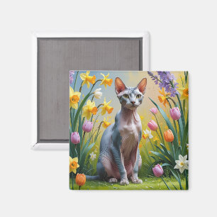 Sphynx Cat Spring Flowers Painting Magnet