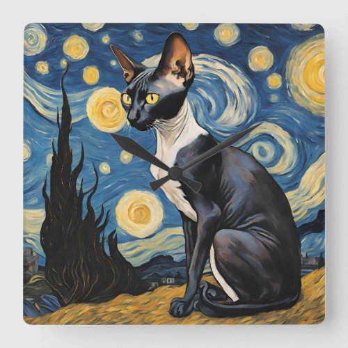 Sphynx Cat Starry Night Van Gogh Pet Portrait  Square Wall Clock