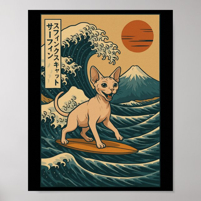 Sphynx Cat Surfing Japanese Wave Great Wave Kawaii Poster (Front)