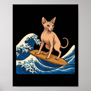 Sphynx Cat Surfing Japanese Wave Poster
